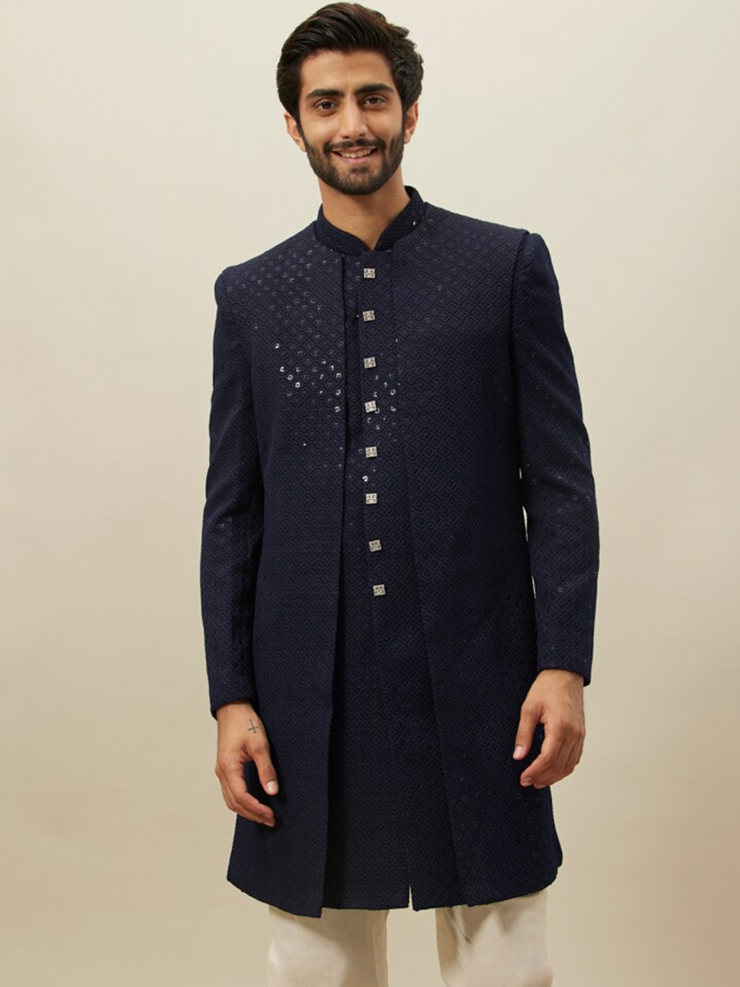 

Manyavar Embroidered Indo Western Sherwani Set, Blue
