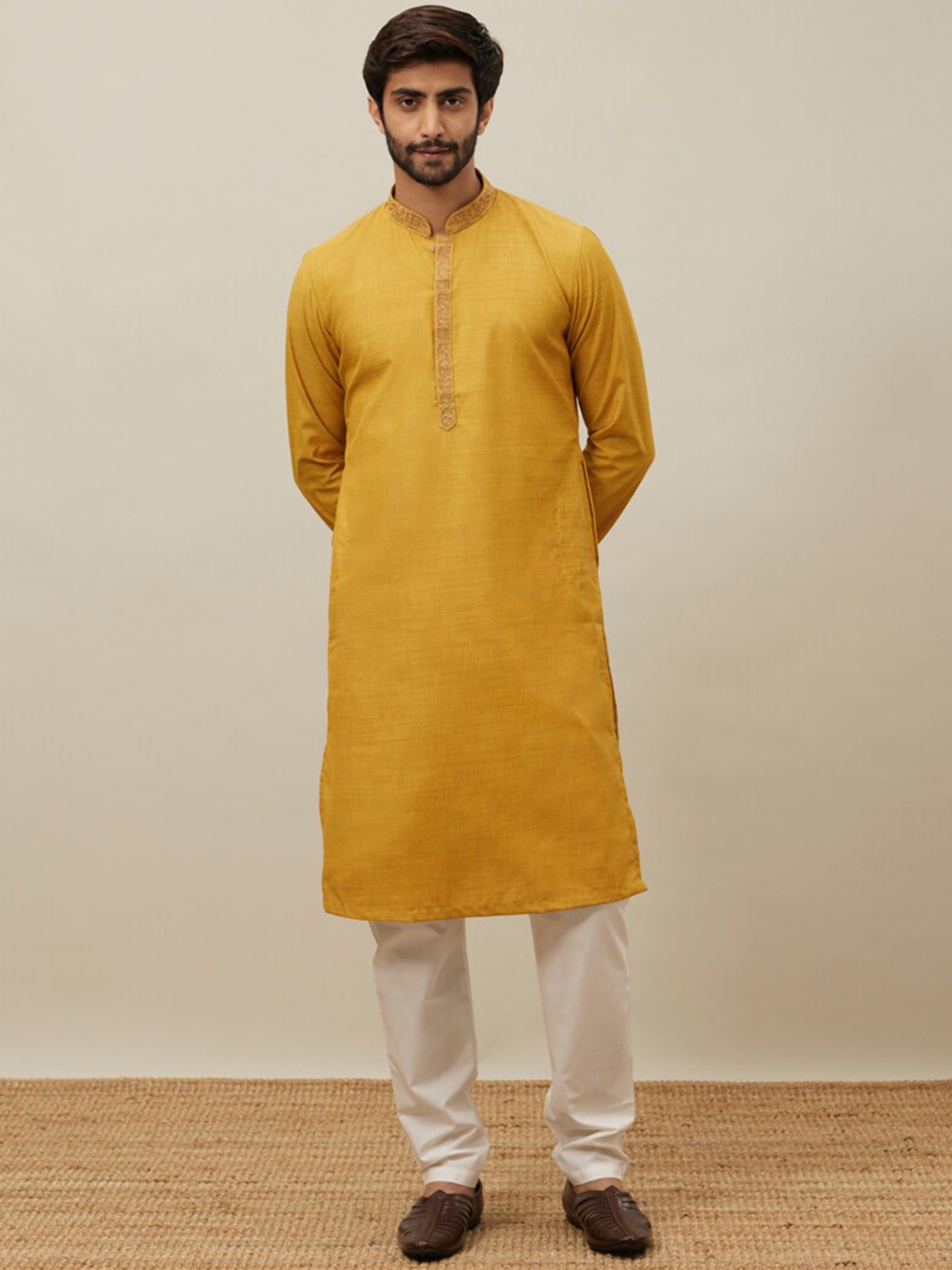 

Manyavar Mandarin Collar Thread Work Kurta With Pyjamas, Mustard