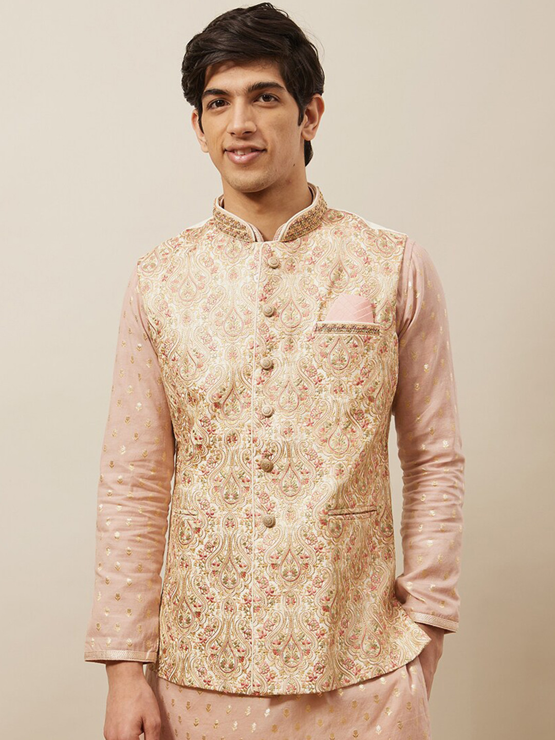 

Manyavar Printed Woven Nehru Jacket, Cream