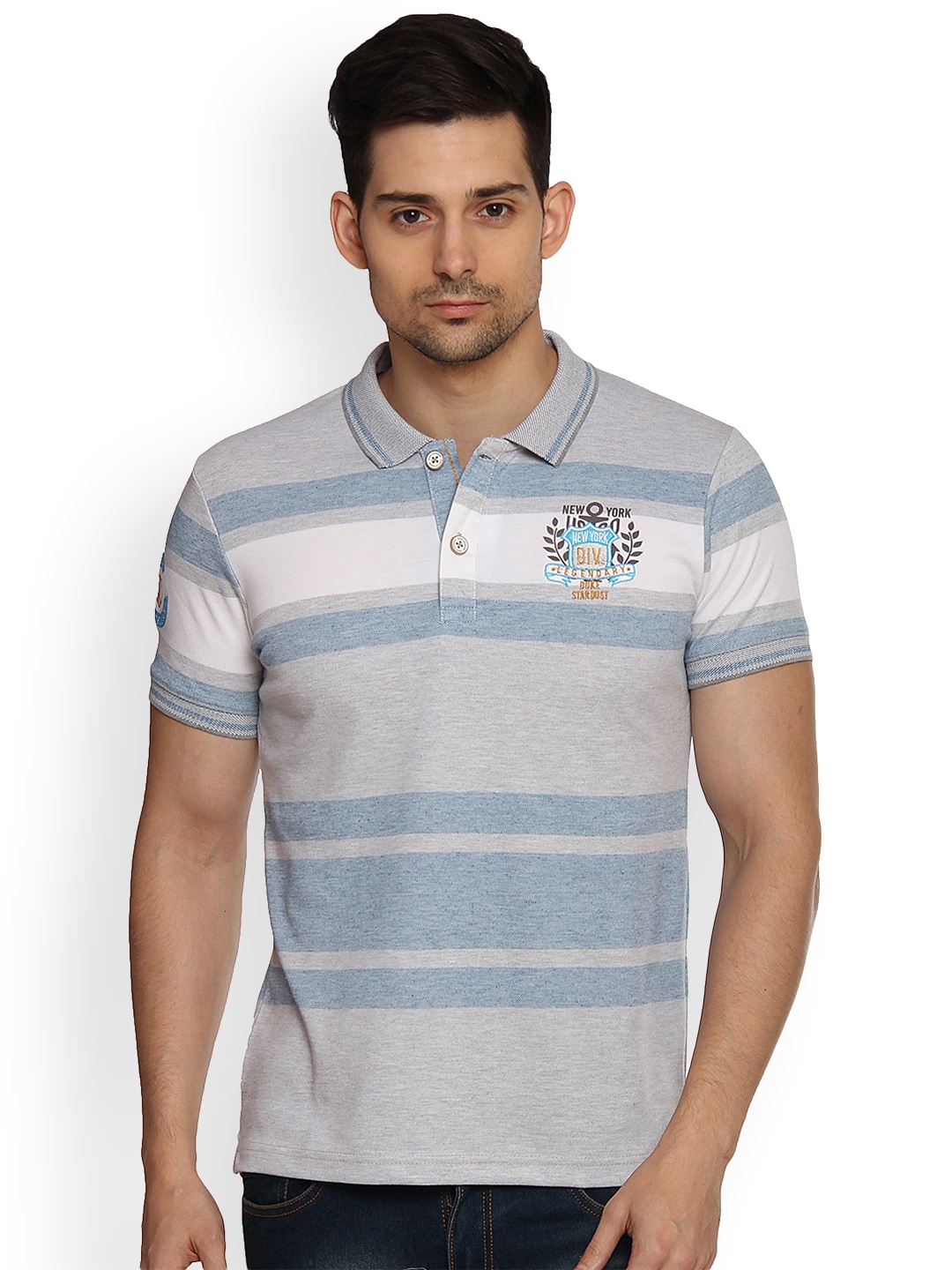 

Duke Men Grey Striped Polo Collar T-shirt