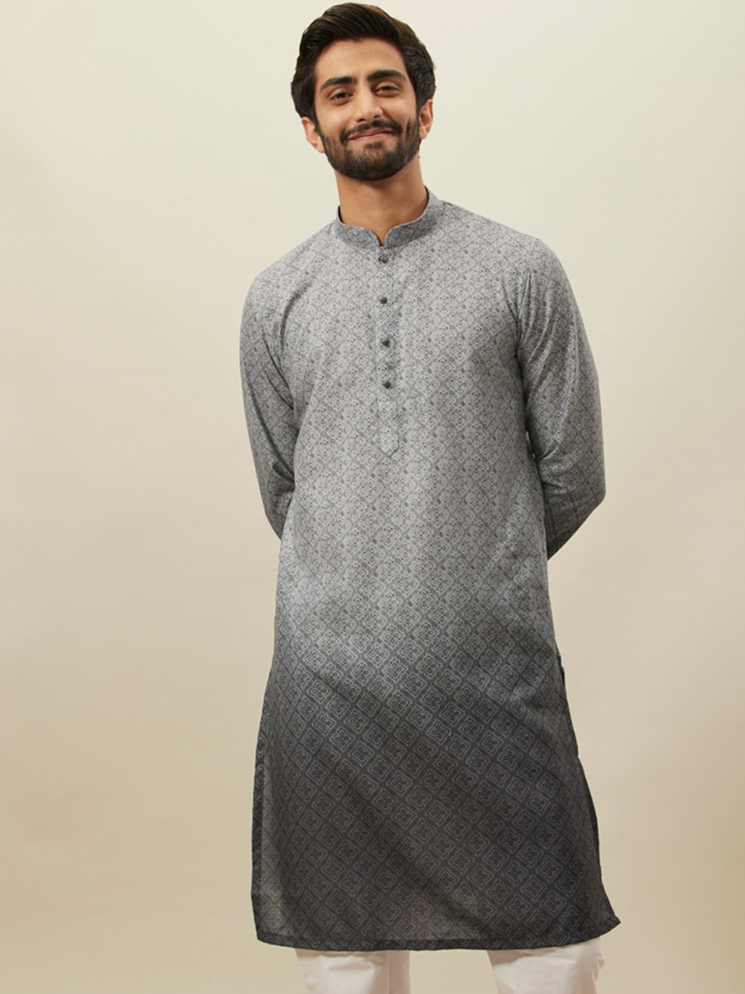 

Manyavar Mandarin Collar Ethnic Motifs Printed Kurta, Grey