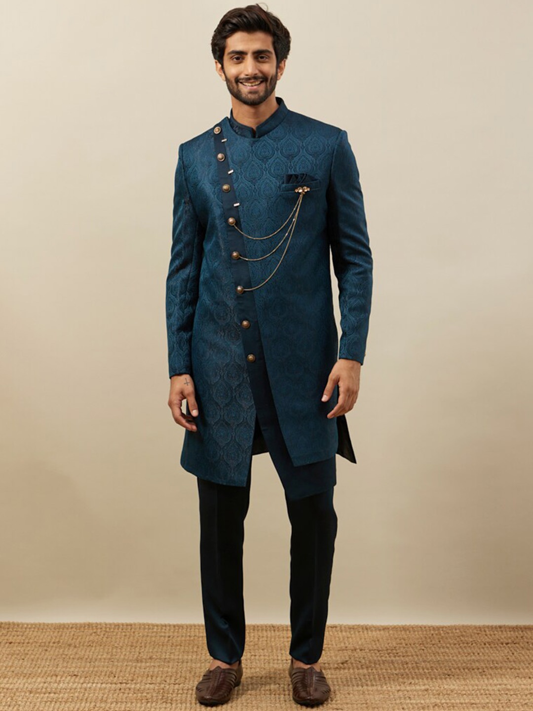 

Manyavar Brocade Self-Design Sherwani Set, Teal