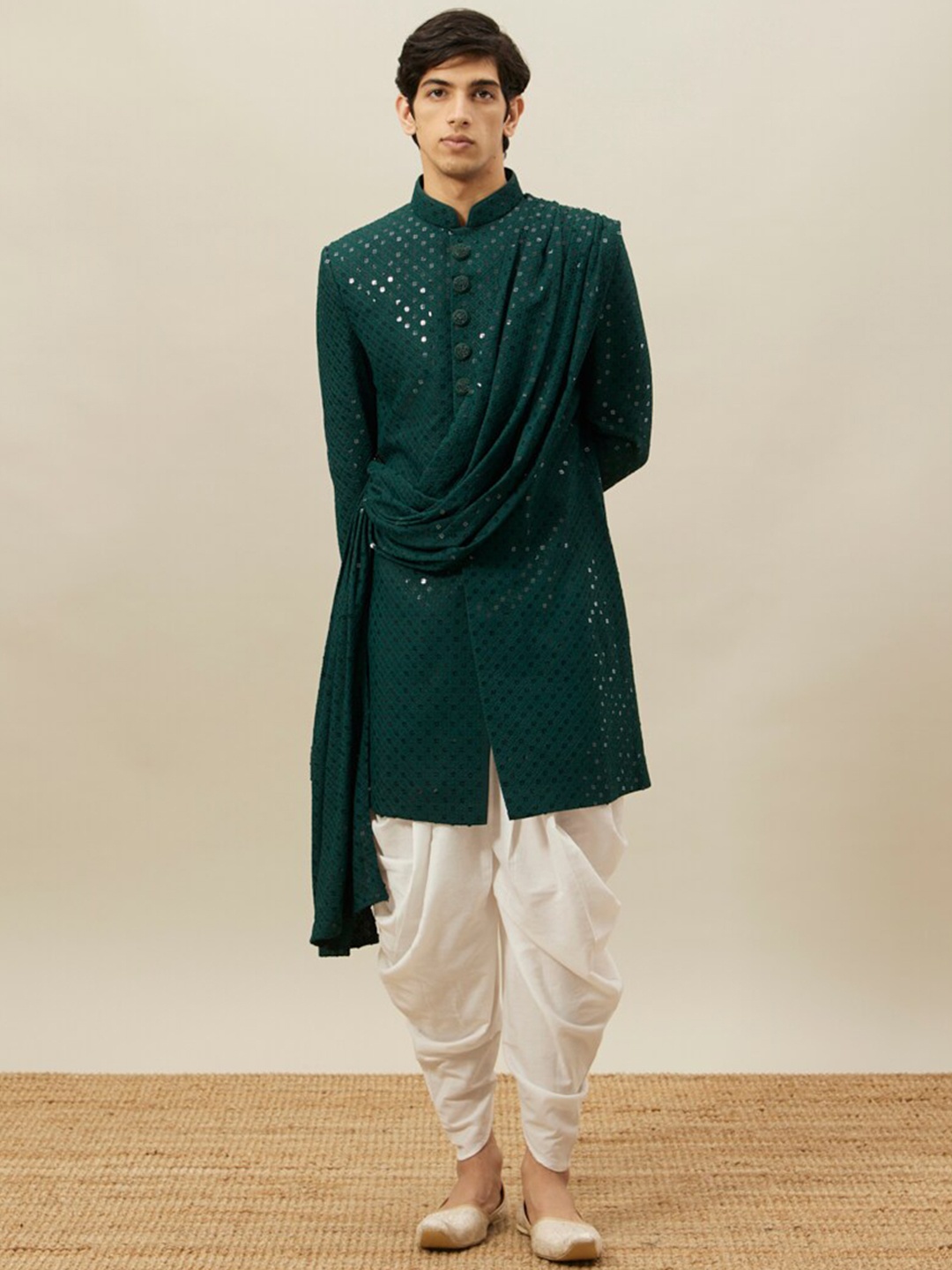 

Manyavar Embroidered Indo Western Sherwani Set, Green