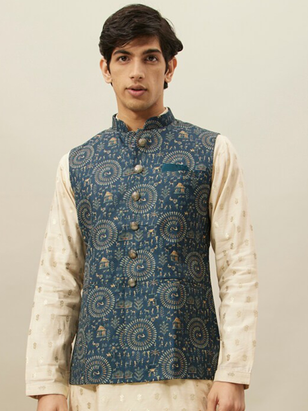 

Manyavar Printed Nehru Jacket, Blue