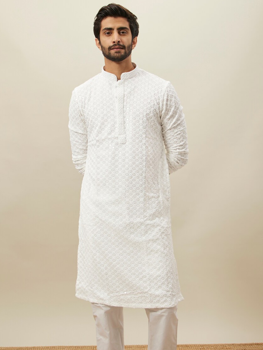 

Manyavar Embroidered Mandarin Collar Chikankari Kurta With Pyjamas, White