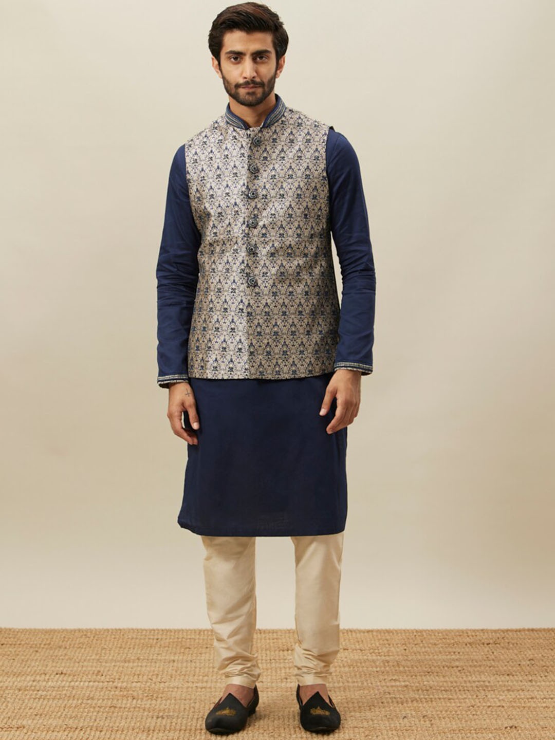 

Manyavar Mandarin Collar Kurta With Churidar & Nehru Jacket, Navy blue