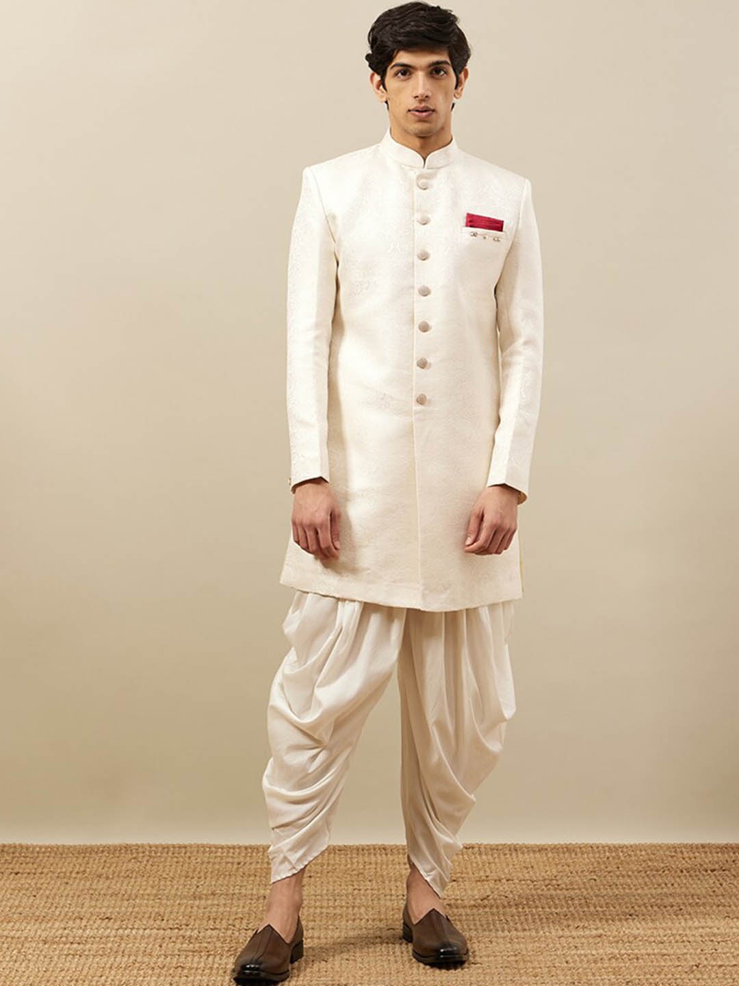 

Manyavar Self Design Brocade Sherwani Set, Off white