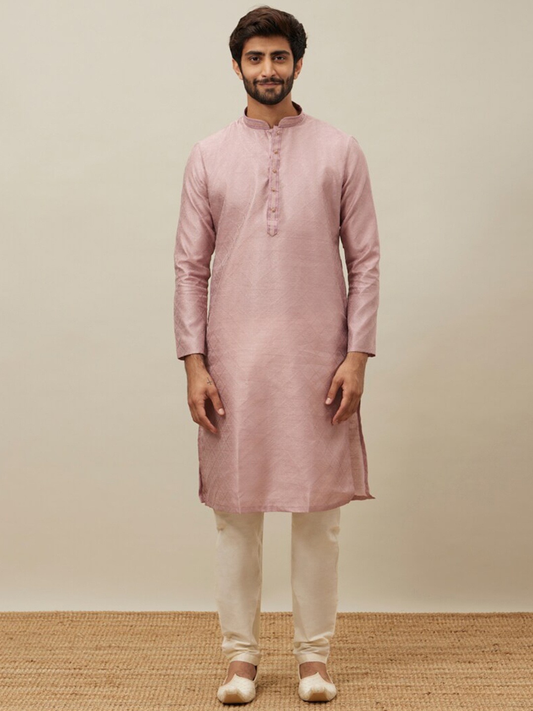 

Manyavar Ethnic Motif Woven Design Mandarin Collar Kurta With Pyjamas, Pink