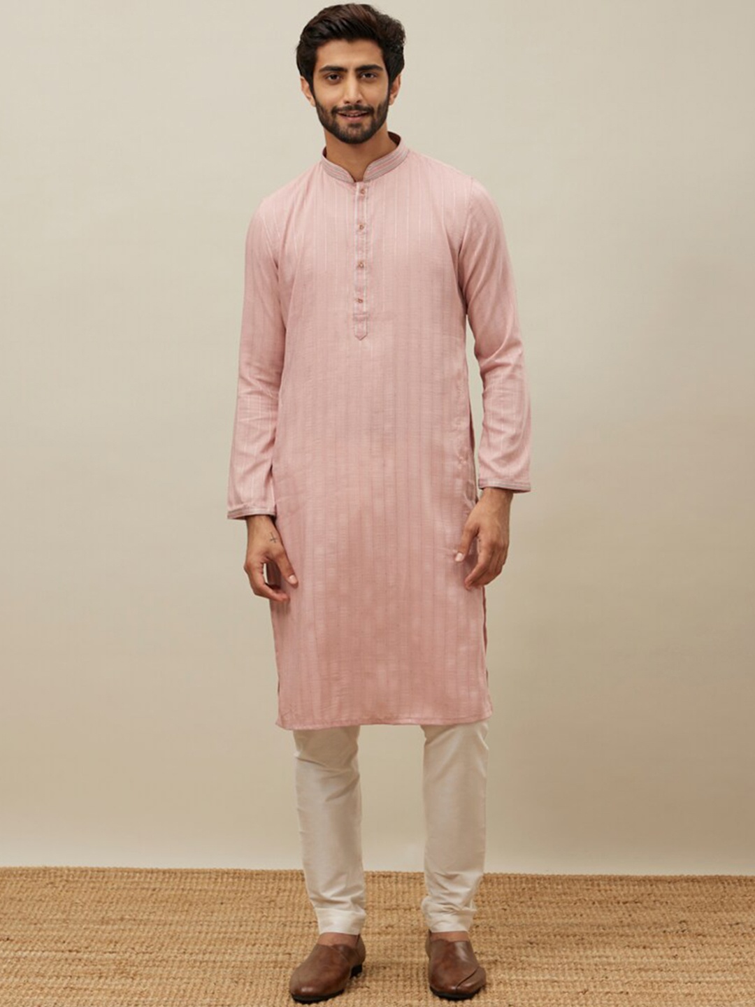 

Manyavar Striped Thread Work Mandarin Collar Kurta With Pyjamas, Peach