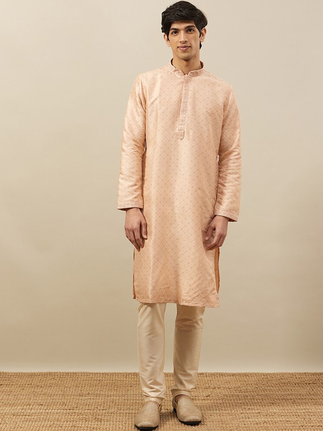 

Manyavar Ethnic Motif Printed Thread Work Mandarin Collar Kurta With Pyjamas, Beige