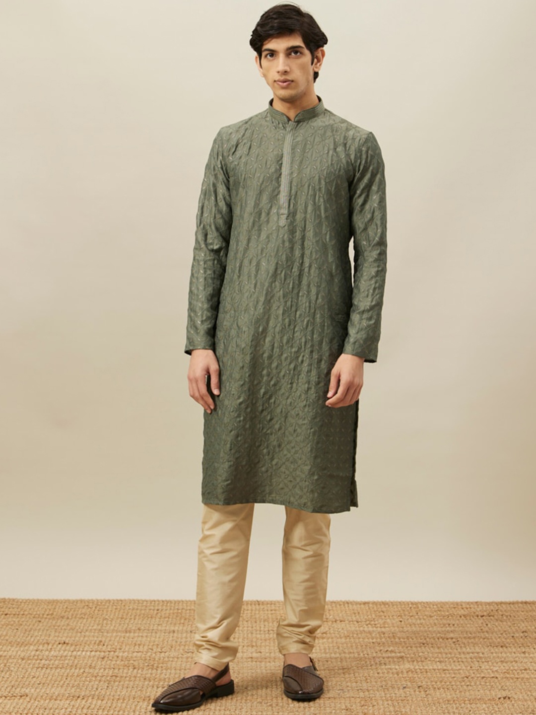 

Manyavar Ethnic Motif Woven Design Thread Work Mandarin Collar Kurta With Pyjamas, Olive