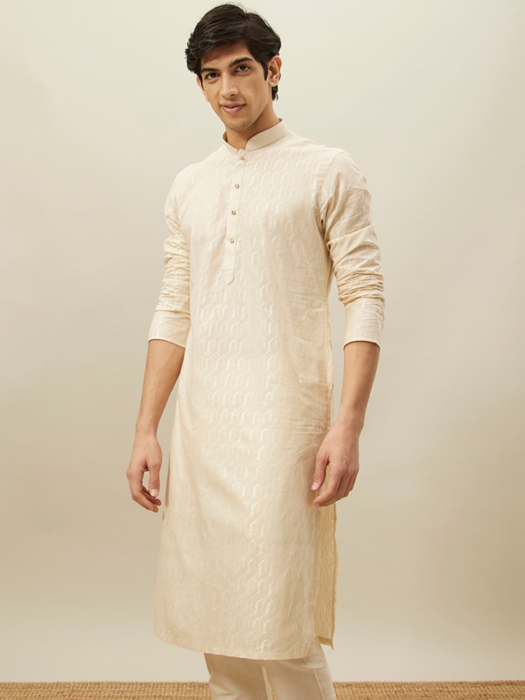 

Manyavar Self Design Mandarin Collar Pure Cotton Kurta With Pyjamas, Beige