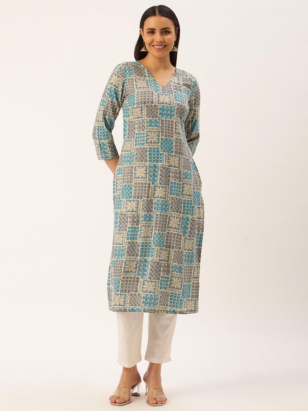 

Saanjh Women Floral Printed Straight Kurta, Blue