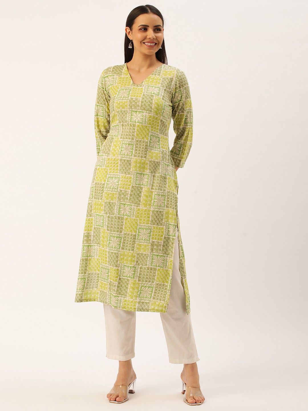 

Saanjh Women Floral Printed Straight Kurta, Green