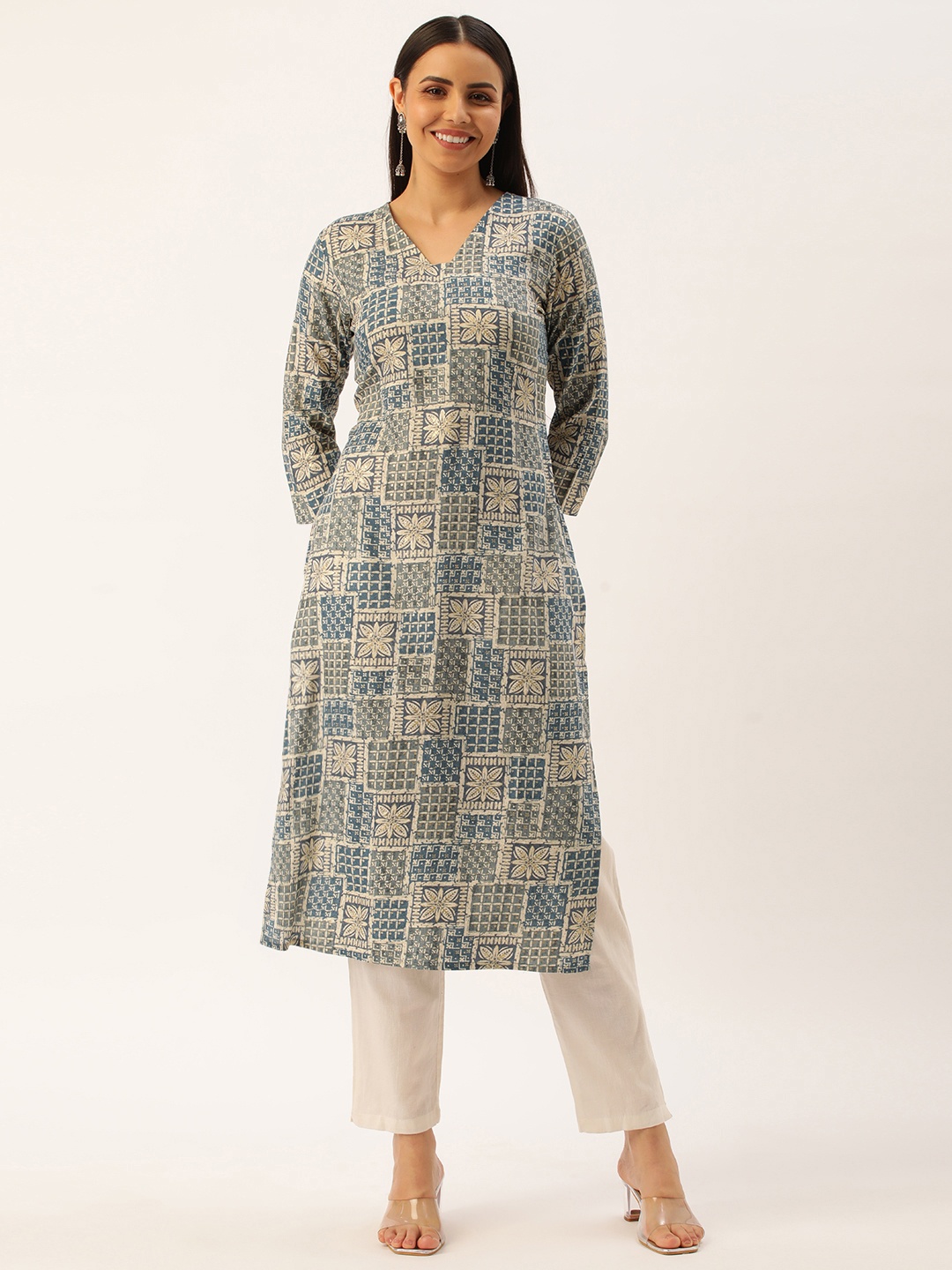 

Saanjh Women Floral Printed Straight Kurta, Grey