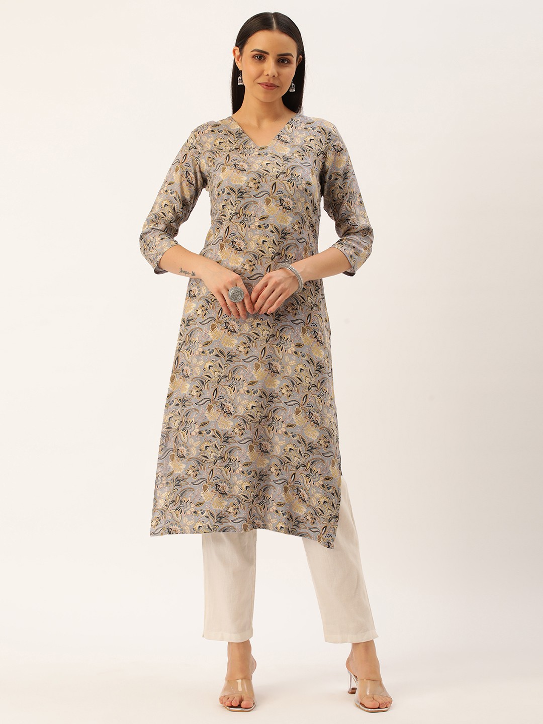 

Saanjh Women Floral Printed Straight Kurta, Grey