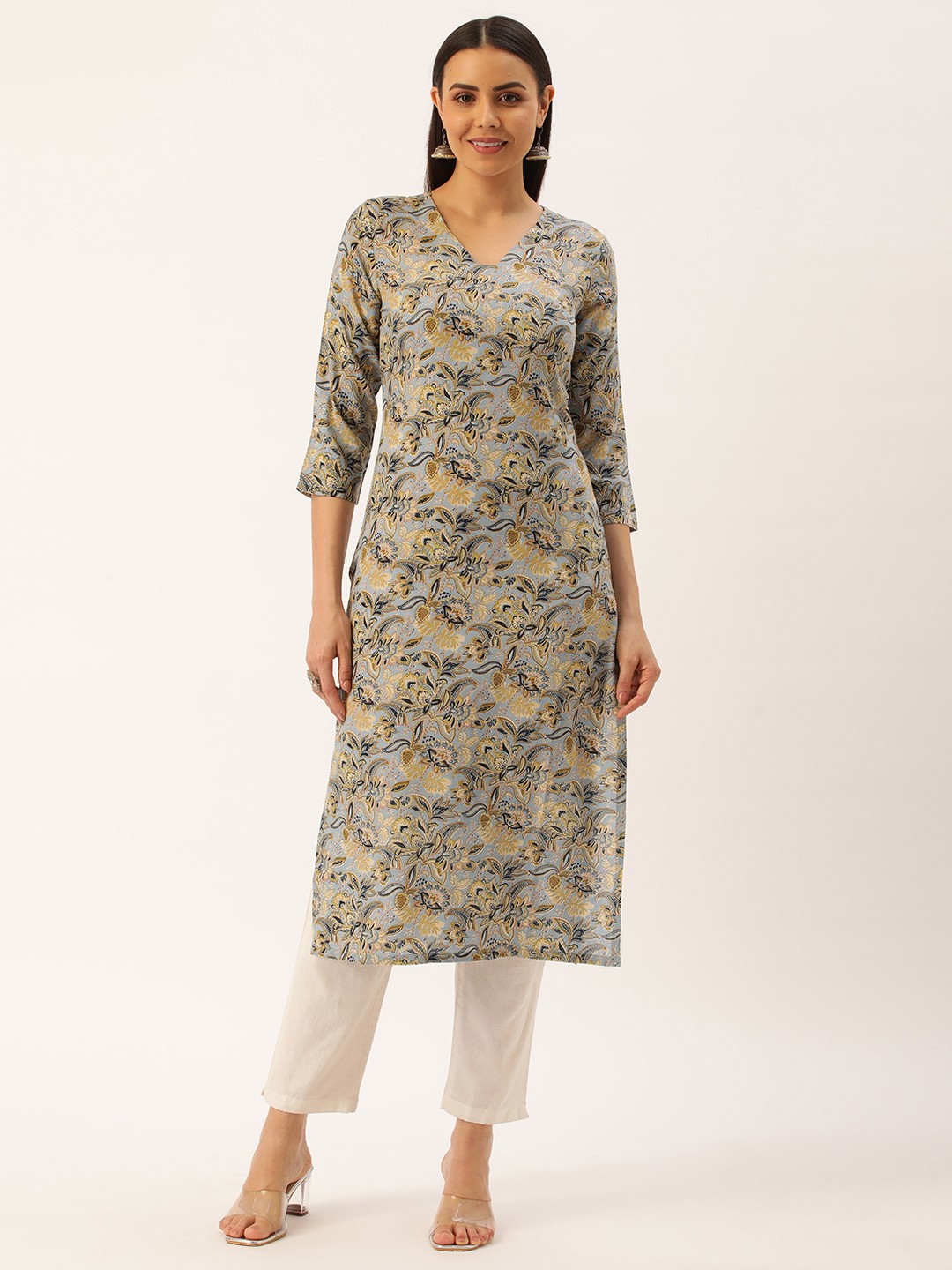 

Saanjh Women Floral Printed Straight Kurta, Blue