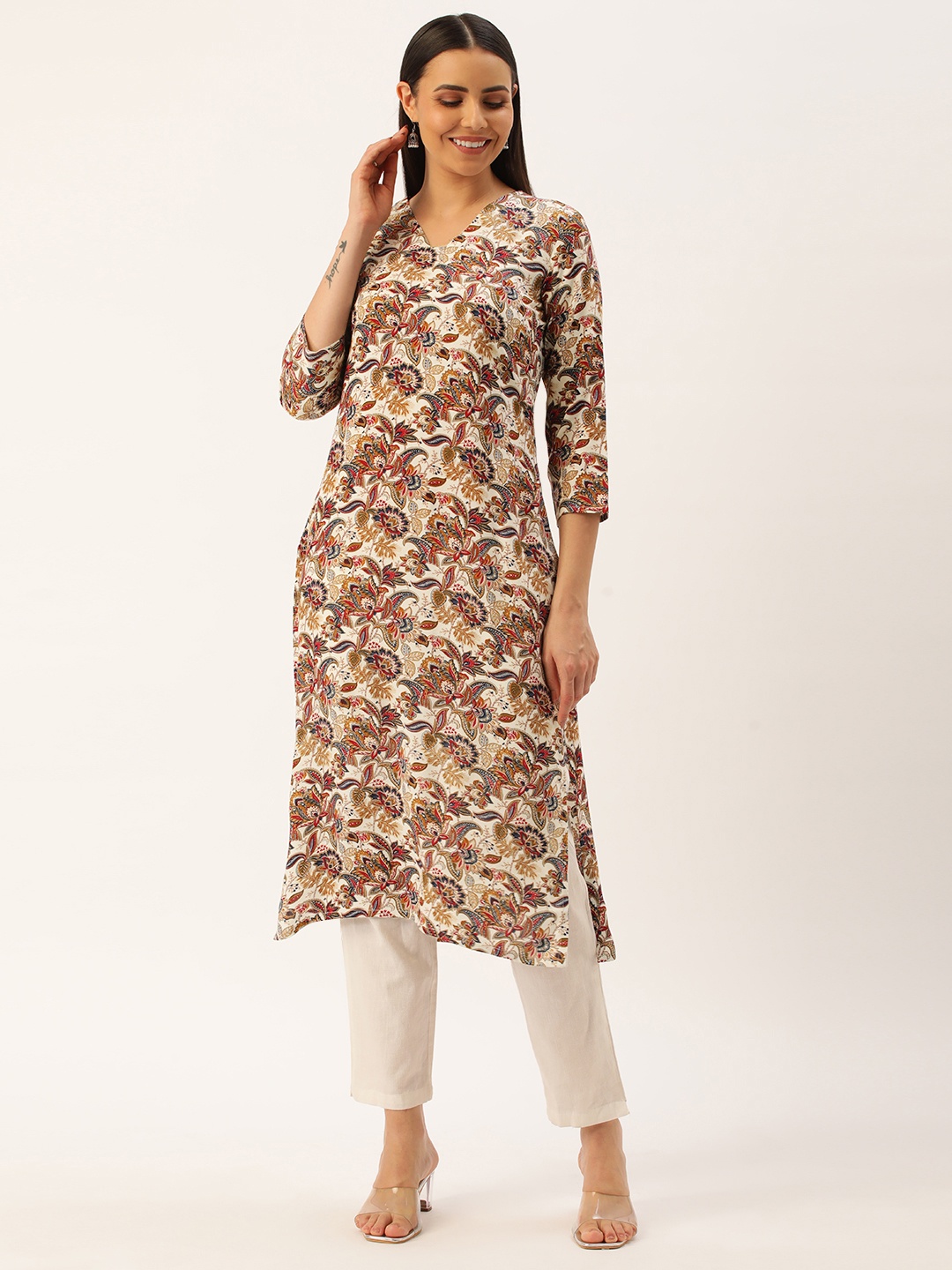 

Saanjh Women Floral Printed Straight Kurta, Cream
