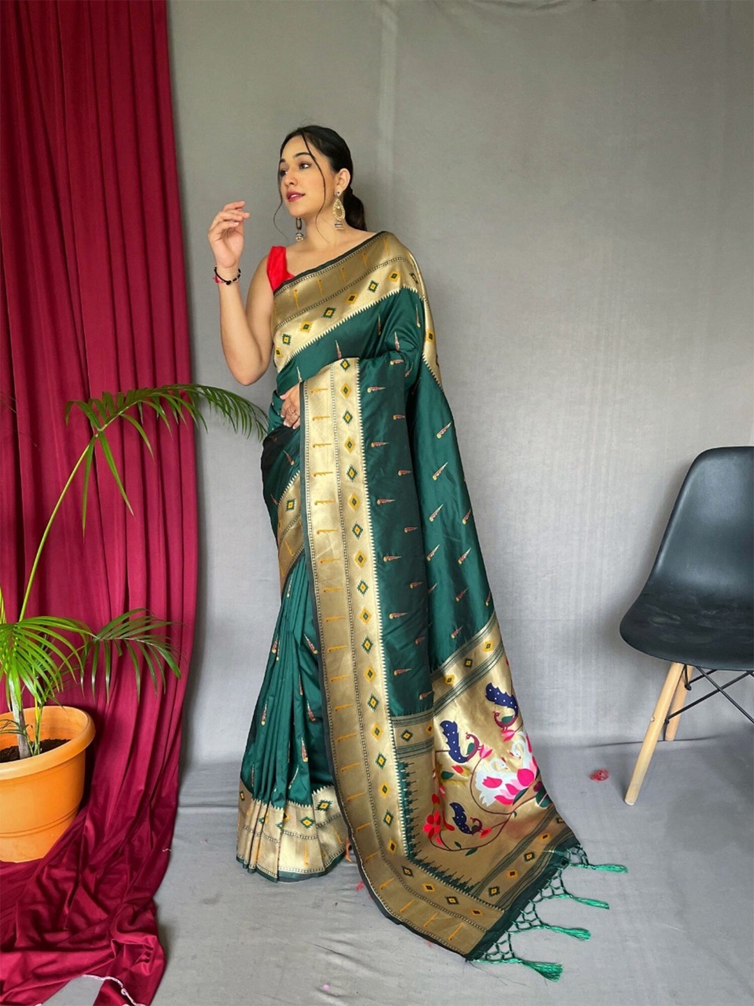 

Mitera Woven Design Zari Paithani Saree, Green