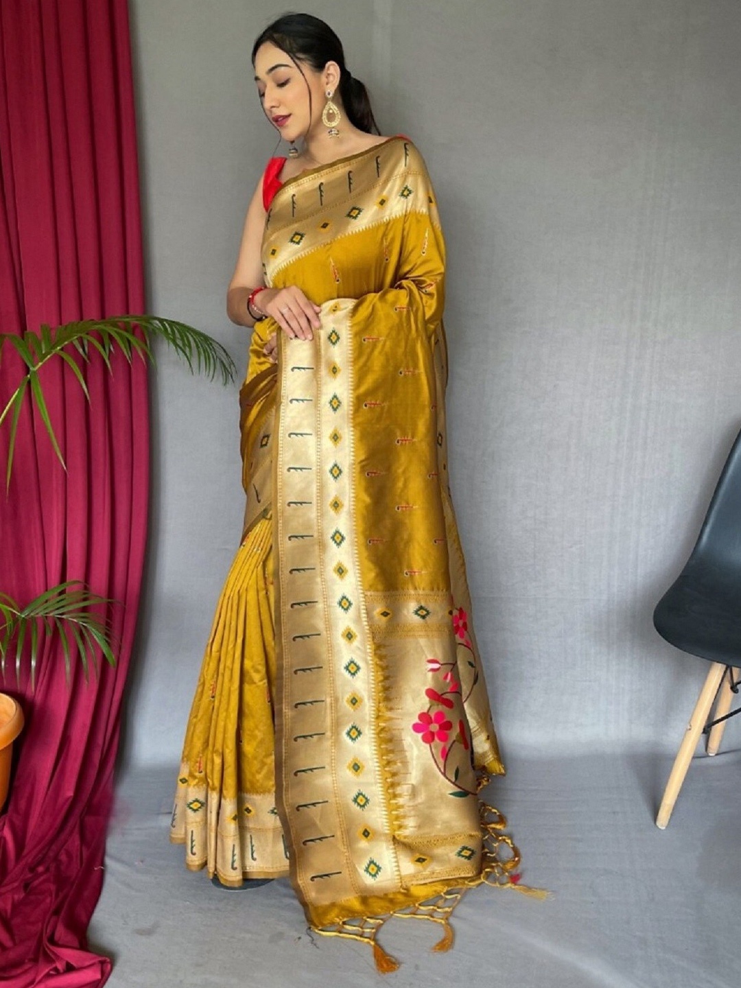 

Mitera Woven Design Zari Silk Blend Paithani Saree, Mustard