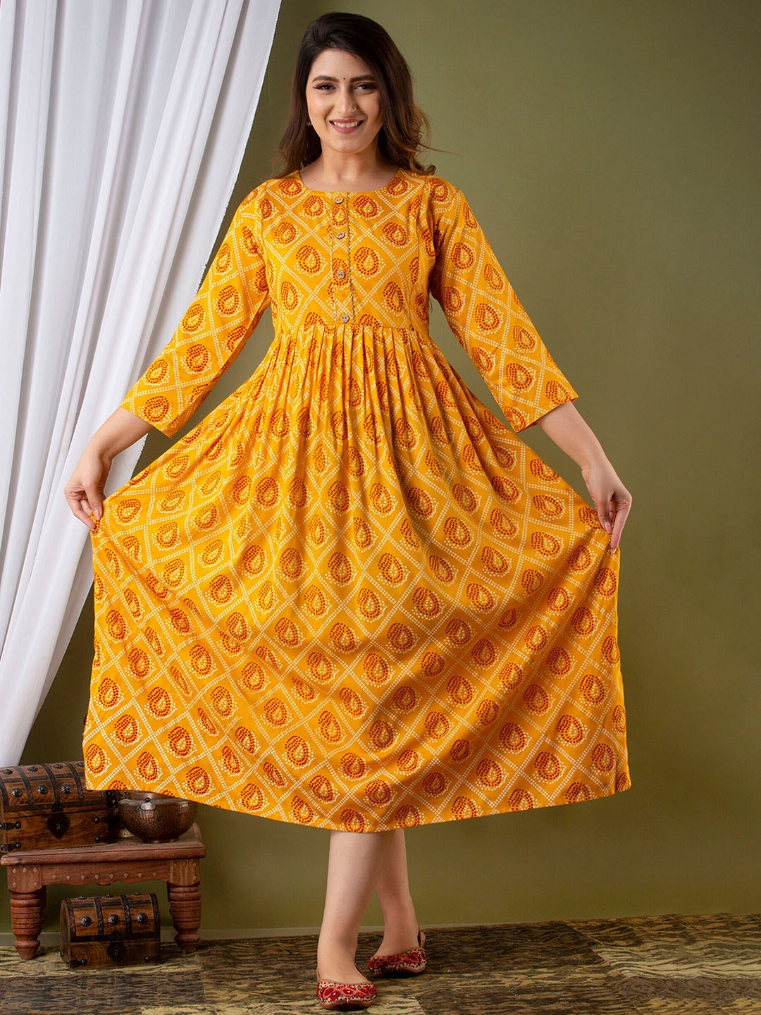 

Mialo fashion Ethnic Motifs Printed Cotton Feeding Maternity Ethnic Dress, Yellow