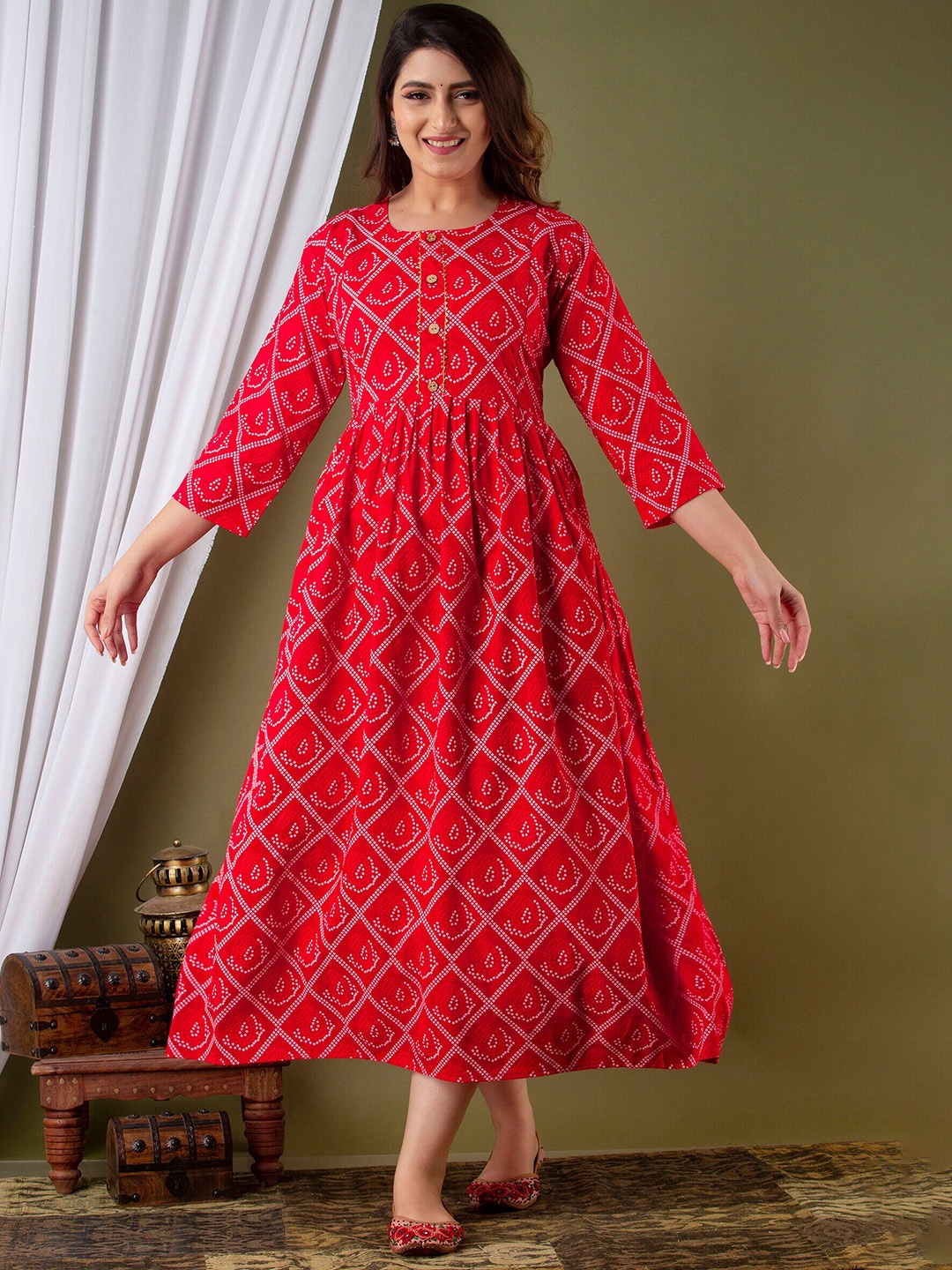 

Mialo fashion Ethnic Motifs Printed Cotton Feeding Maternity Ethnic Dress, Red