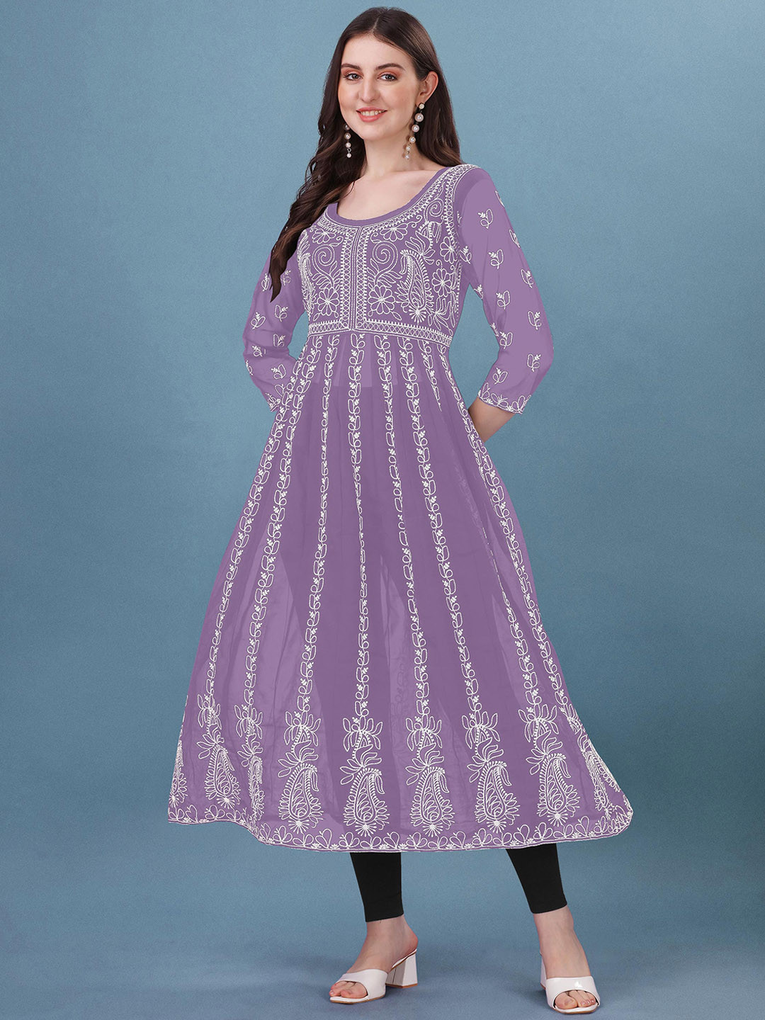 

Shree Ramkrishna Fab Paisley Chikankari Embroidered Georgette Anarkali Kurta, Purple