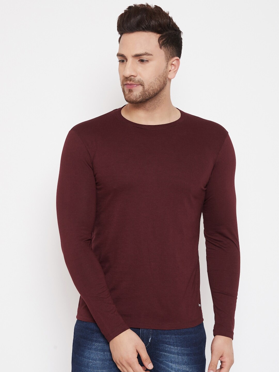 

Plagg Round Neck Long Sleeves Cotton T-shirt, Maroon