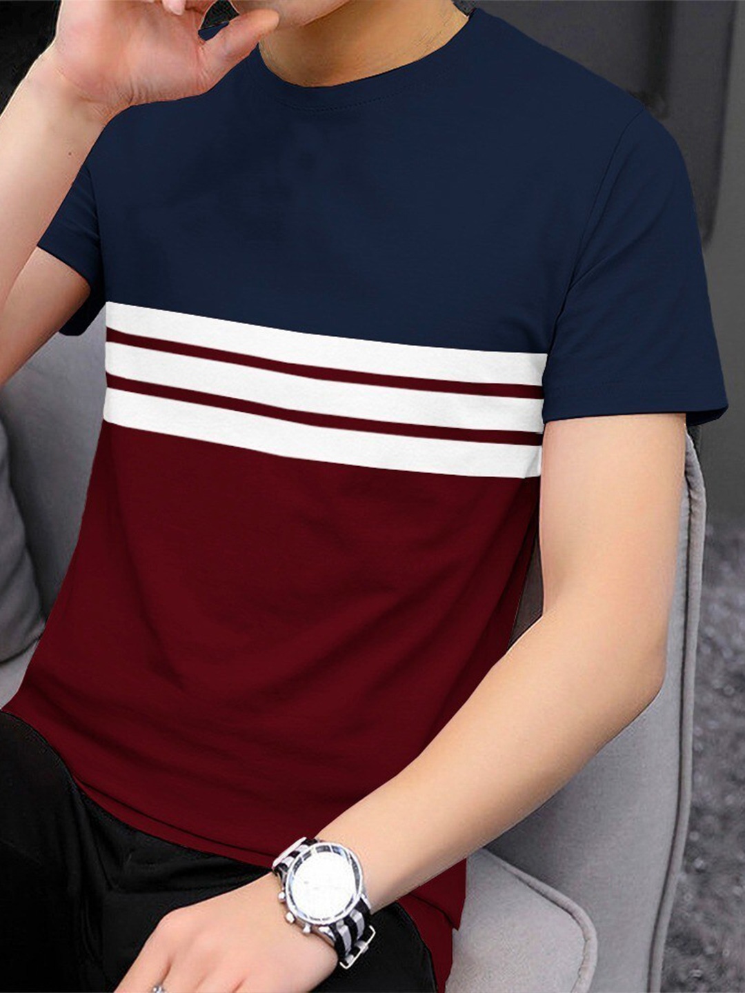 

BLIVE Colourblocked Cotton T-shirt, Maroon