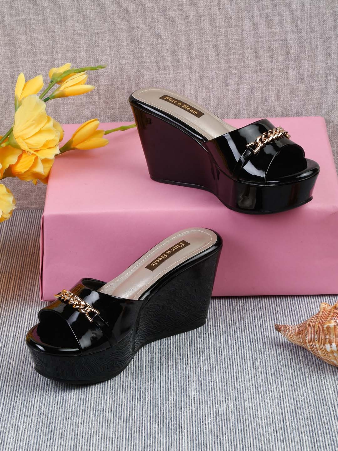 

Flat n Heels Chain Embellished Wedge Heels, Black