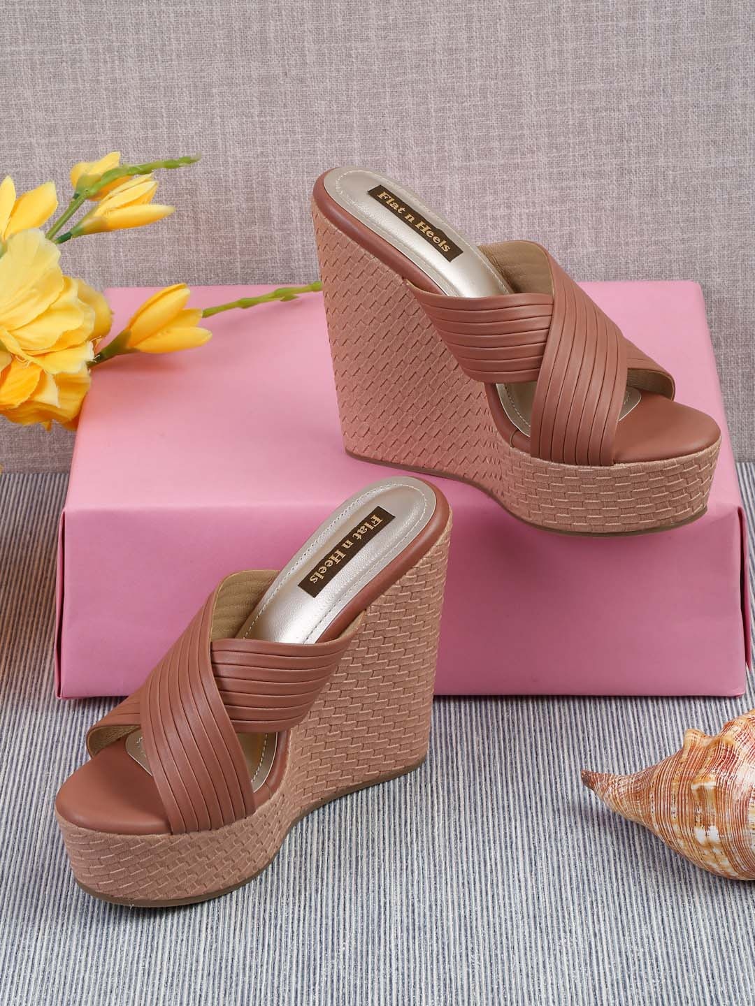 

Flat n Heels Striped Criss-Cross Strap Wedge Heels, Brown