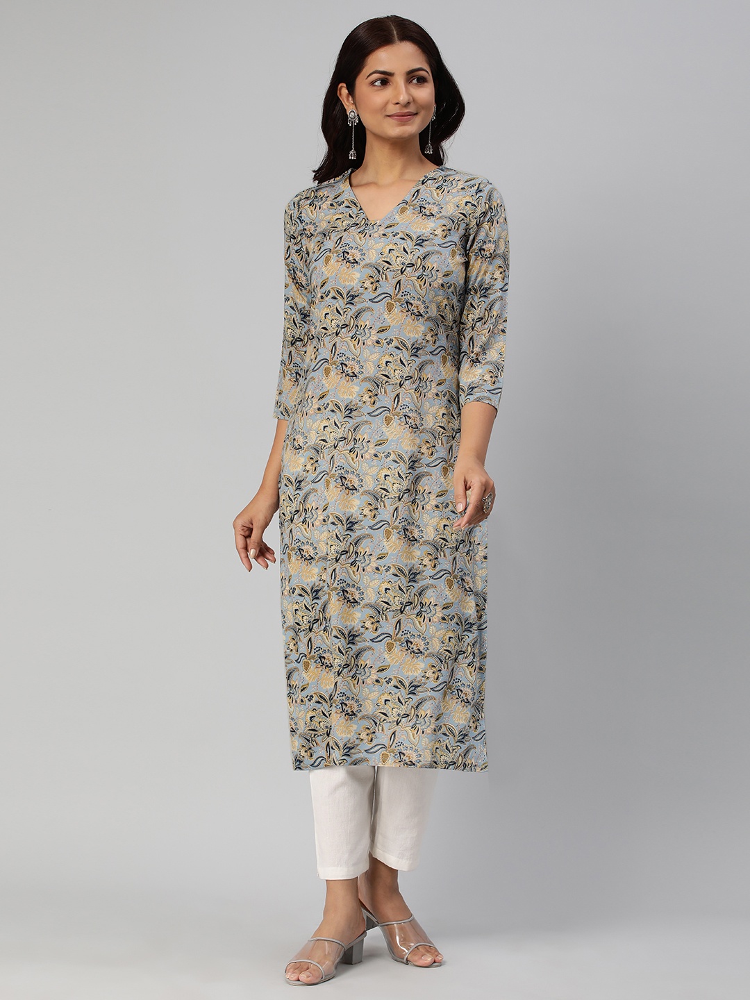 

KALINI Women Floral Printed Straight Kurta, Blue
