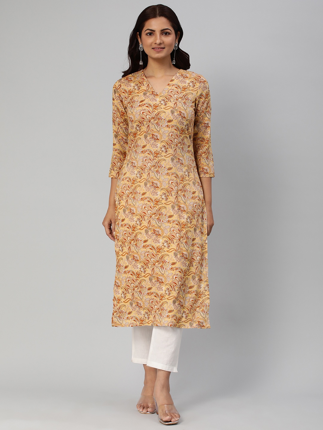 

KALINI Women Floral Printed Straight Kurta, Yellow
