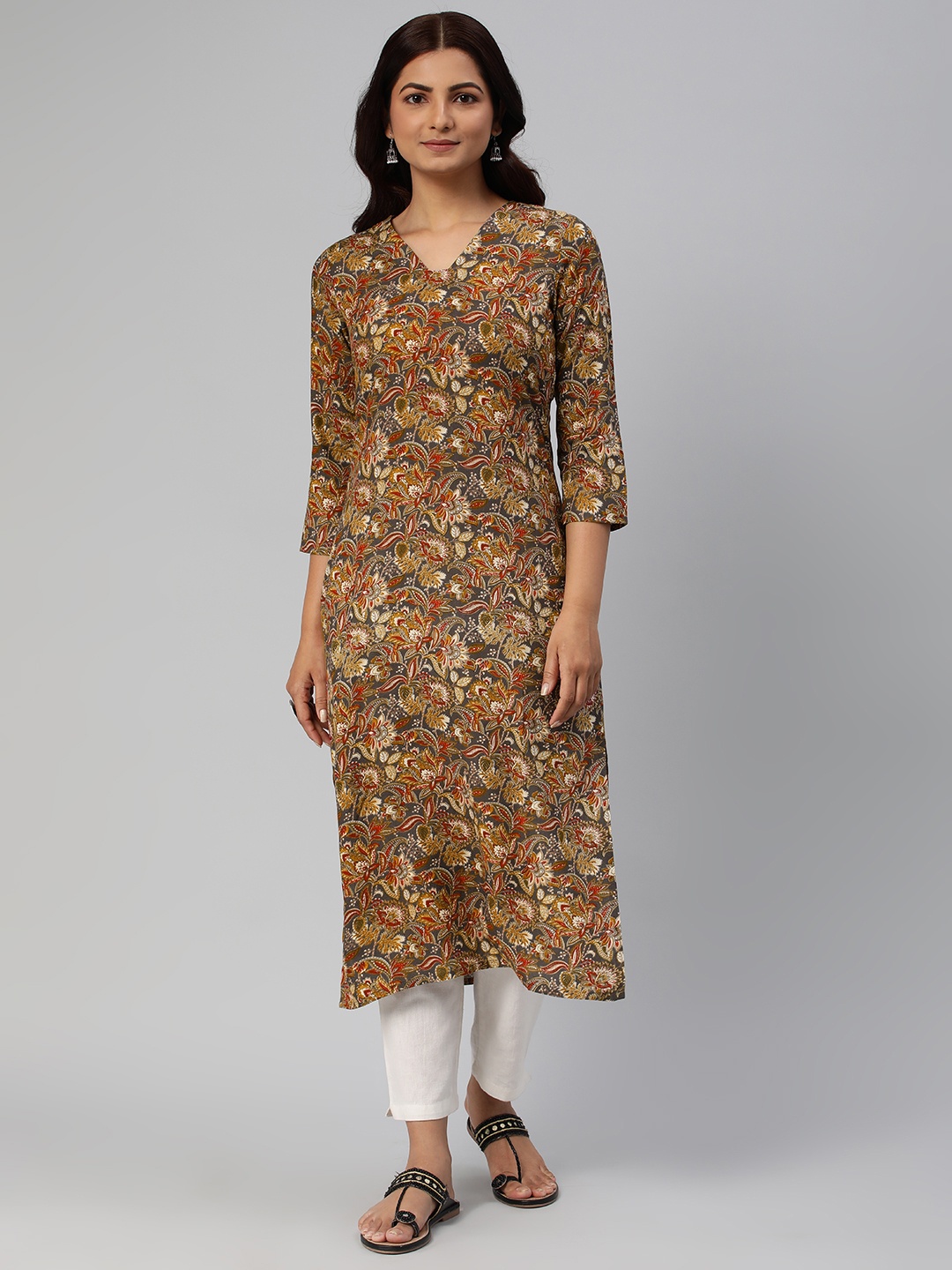 

KALINI Women Floral Printed Straight Kurta, Grey