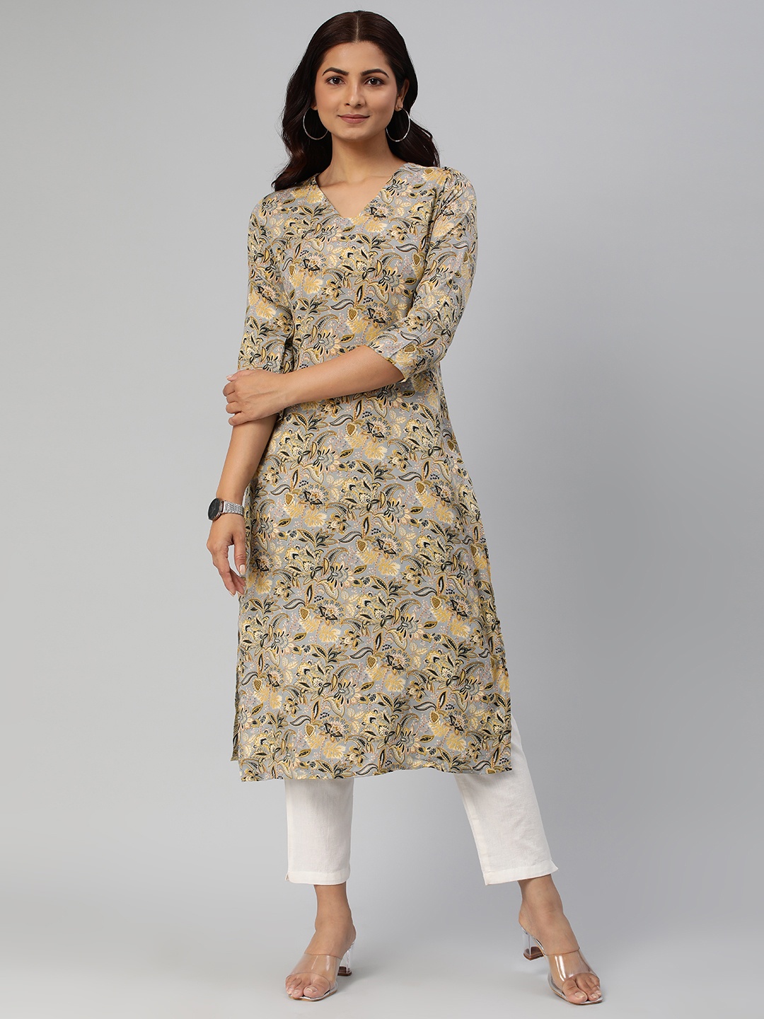 

KALINI Women Floral Printed Straight Kurta, Grey