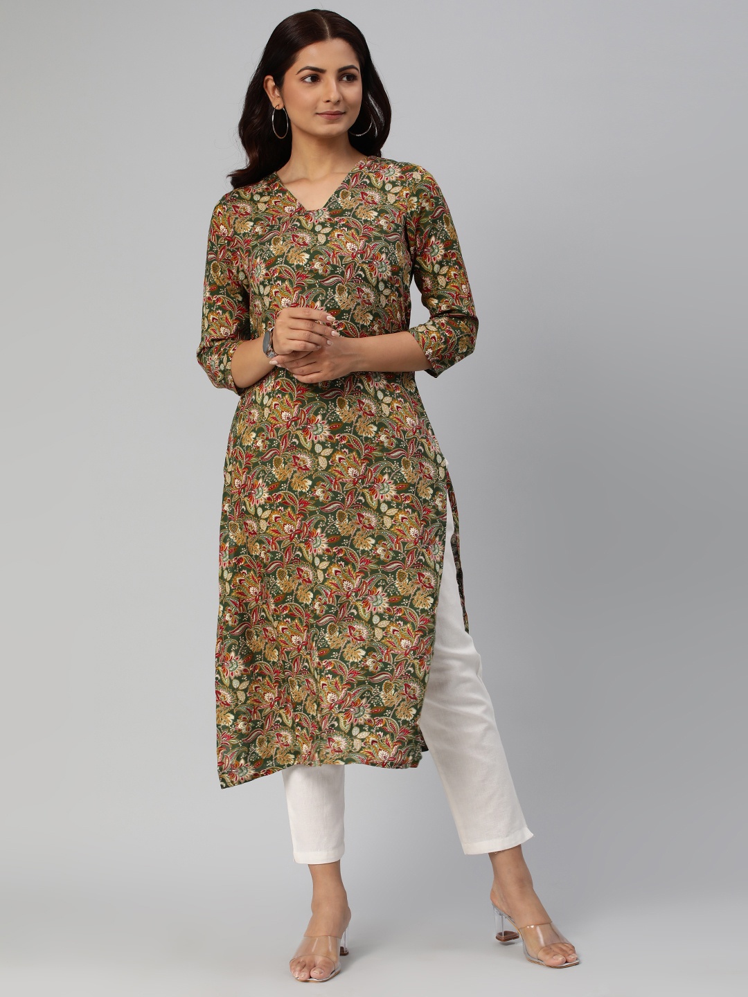 

KALINI Women Floral Printed Straight Kurta, Green