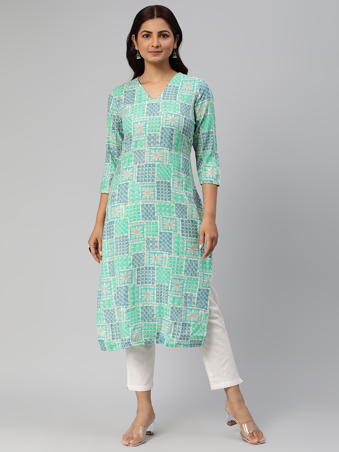 

KALINI Women Ethnic Motifs Printed Straight Kurta, Turquoise blue