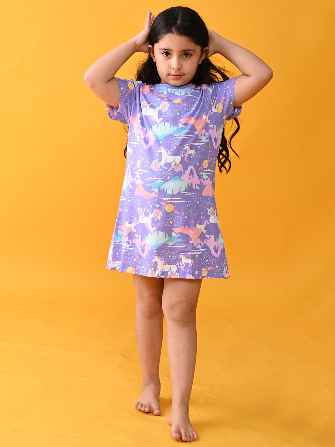 Anthrilo Girls Conversational Printed Pure Cotton Nightdress, Purple