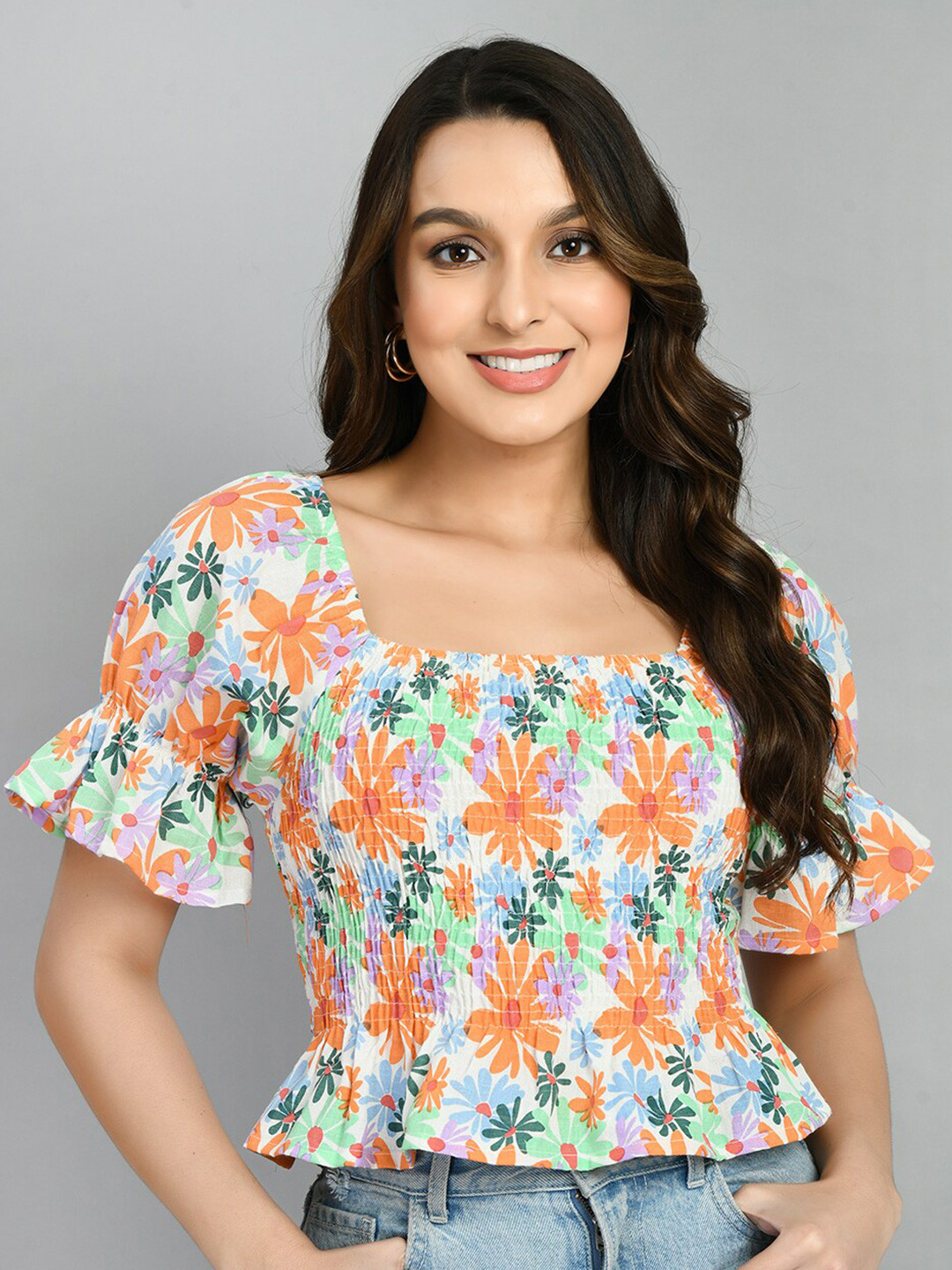 

PRETTY LOVING THING Square Neck Floral Printed Bell Sleeves Smocking Crop Top, Orange