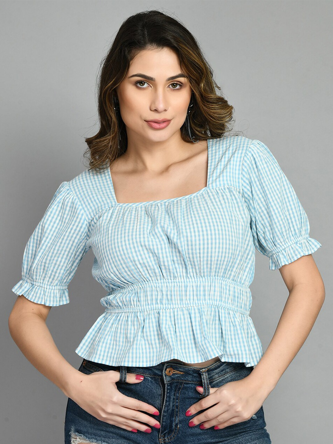 

PRETTY LOVING THING Checked Puff Sleeves Cinched Waist Cotton Crop Top, Blue