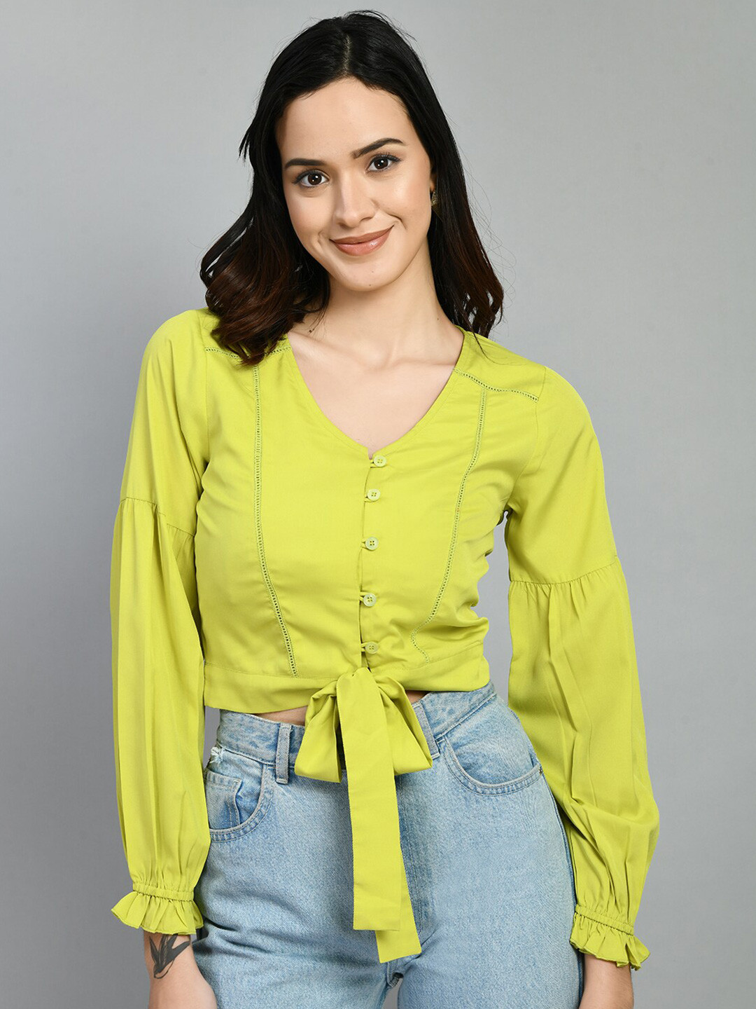 

PRETTY LOVING THING V-Neck Bishop Sleeves Waist Tie-Up Fitted Crop Top, Lime green