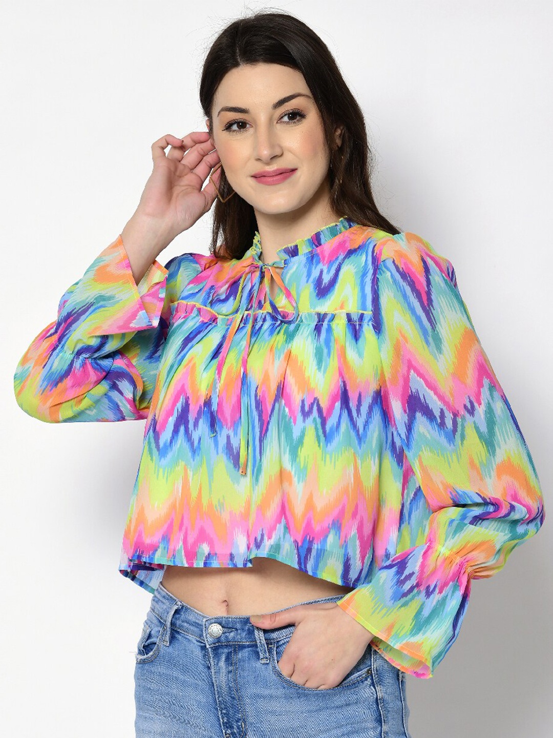 

PRETTY LOVING THING Tie & Dye Dyed Tie-Up Neck Puff Sleeve Crop Top, Blue