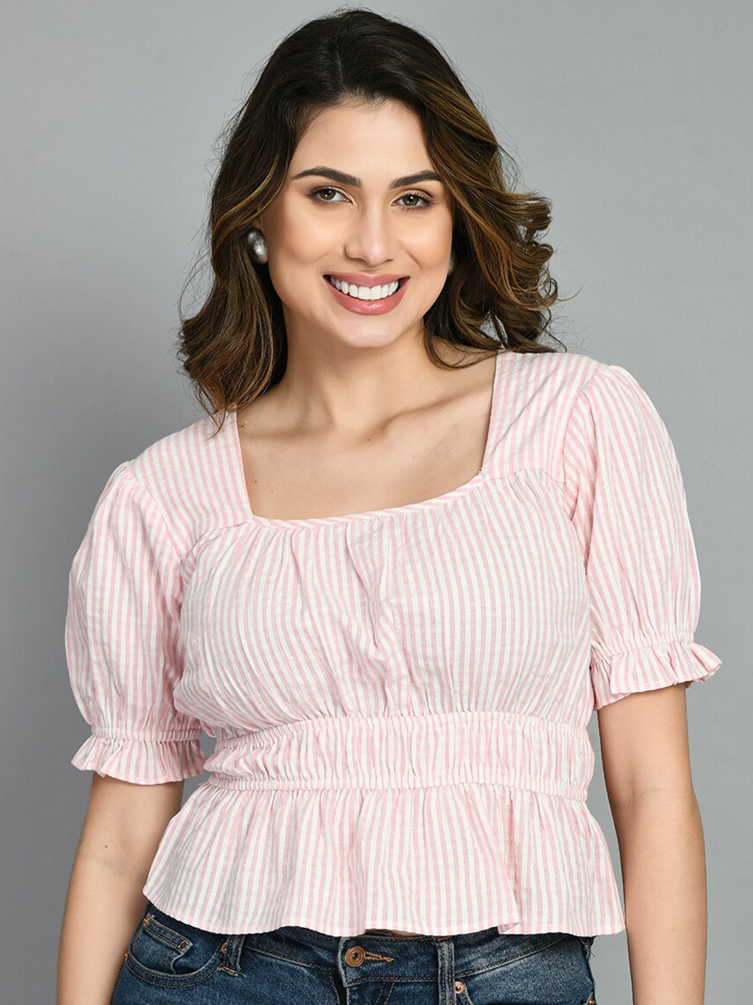 

PRETTY LOVING THING Checked Puff Sleeve Cotton Cinched Waist Crop Top, Pink
