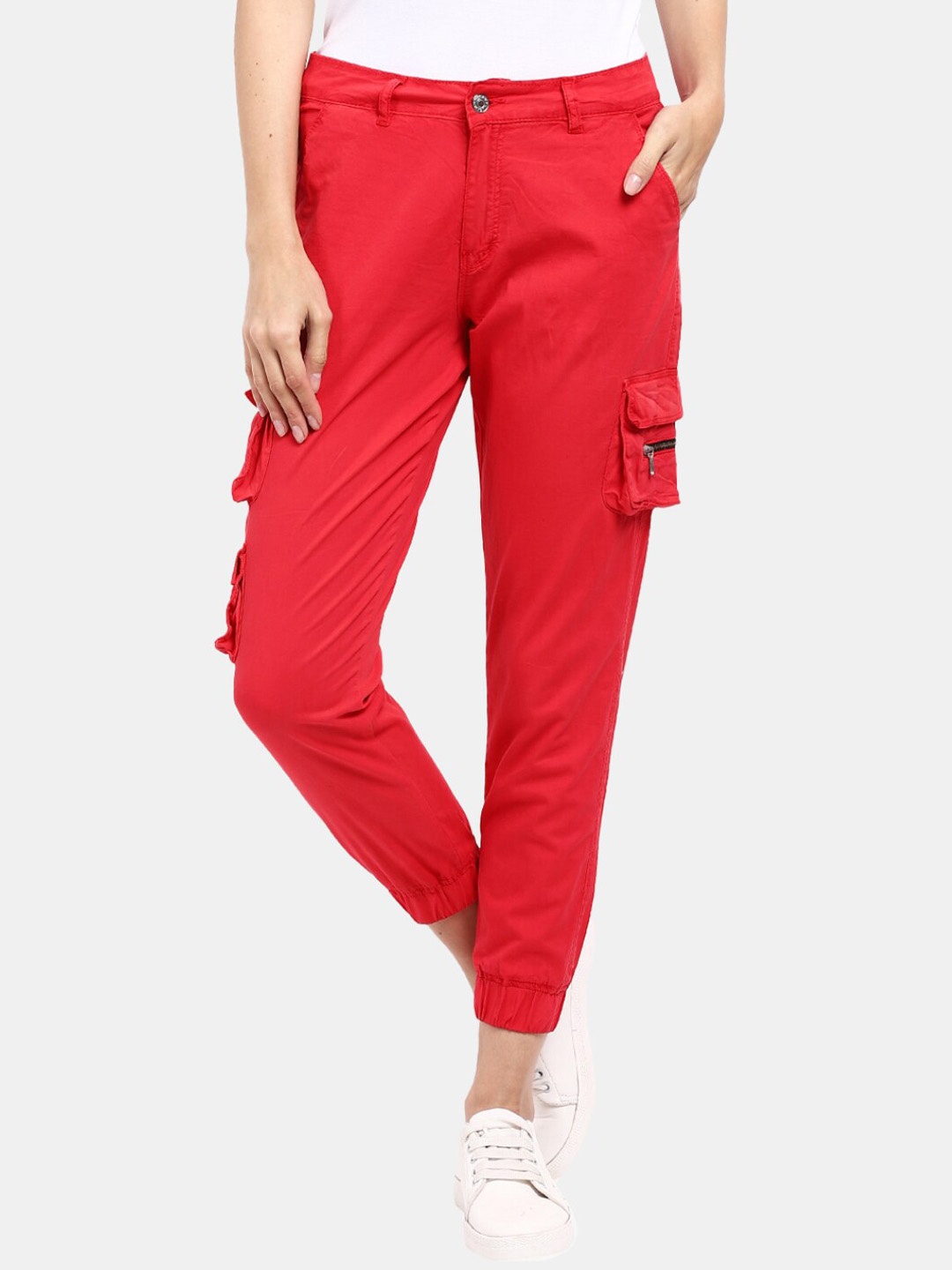 

V-Mart Women Mid-Rise Plain Flat-Front Classic Joggers, Red