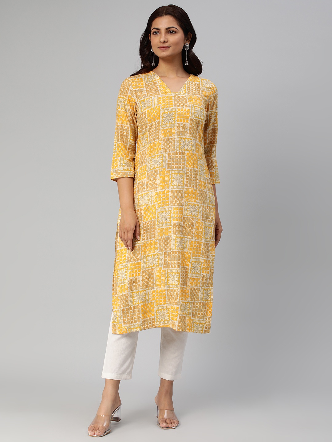 

HRITIKA Women Ethnic Motifs Printed Straight Kurta, Yellow