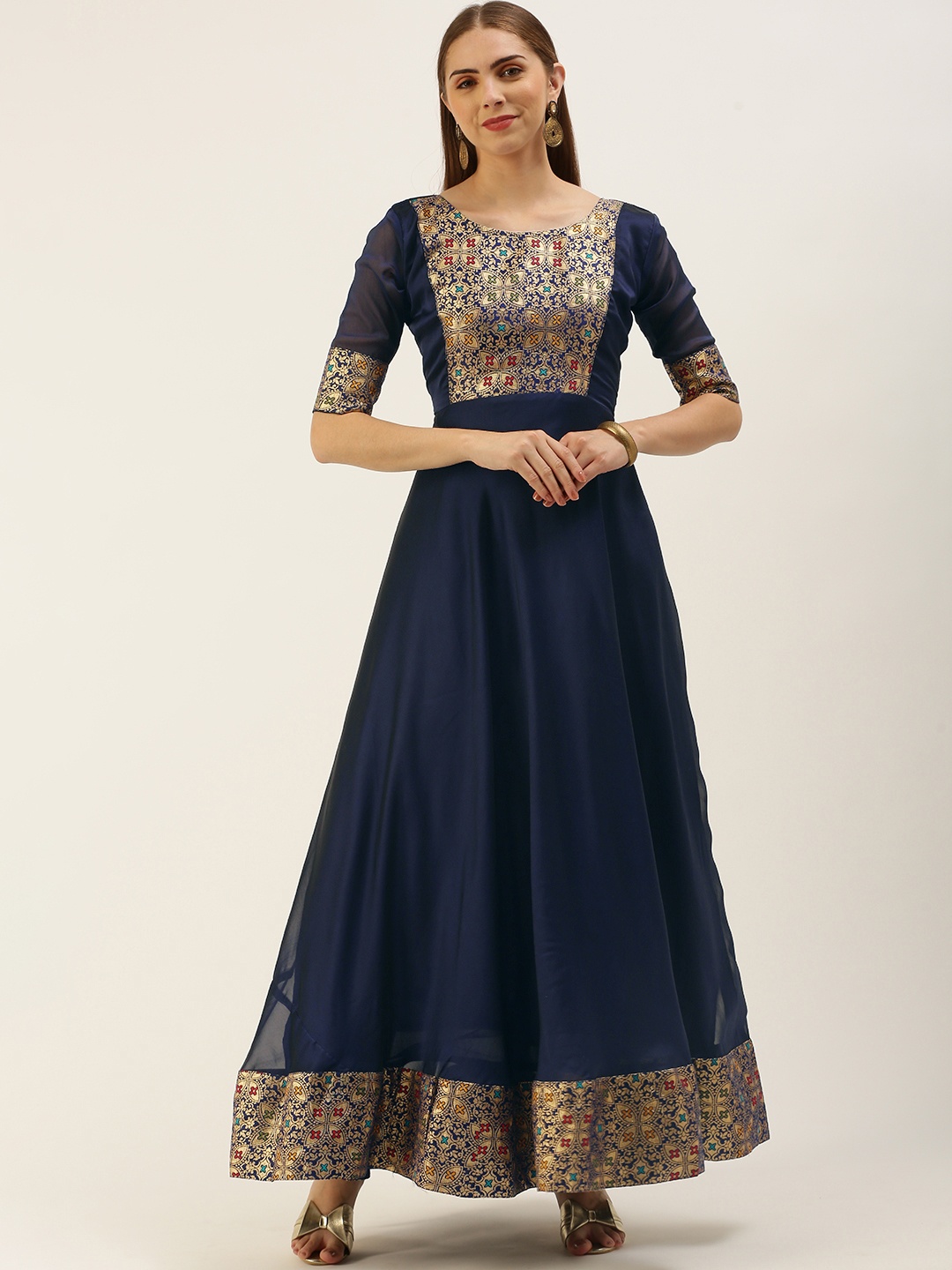 

LOOKNBOOK ART Woven Design Ethnic Motifs Gown Dress, Navy blue