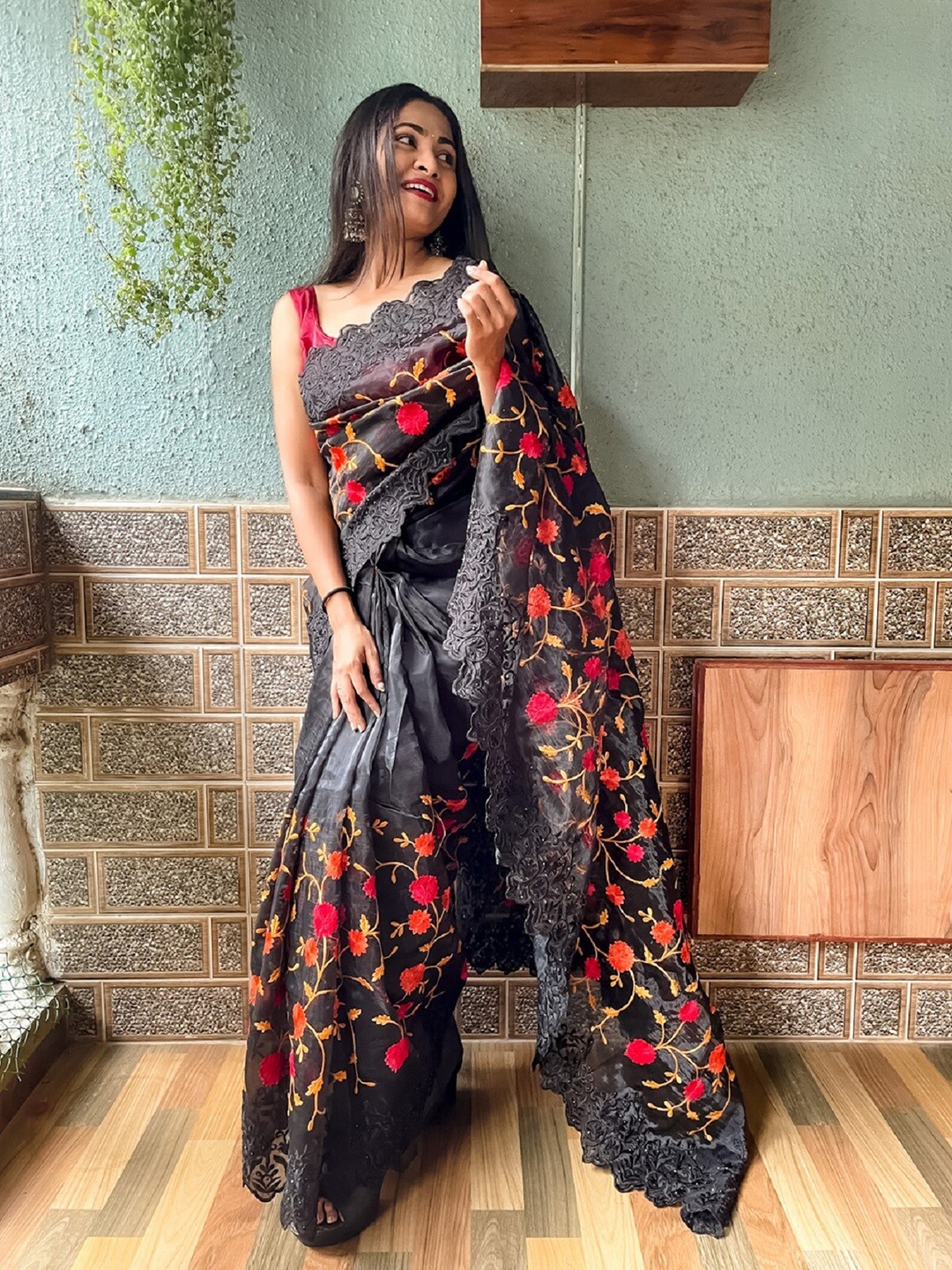

Mitera Floral Embroidered Organza Saree, Black