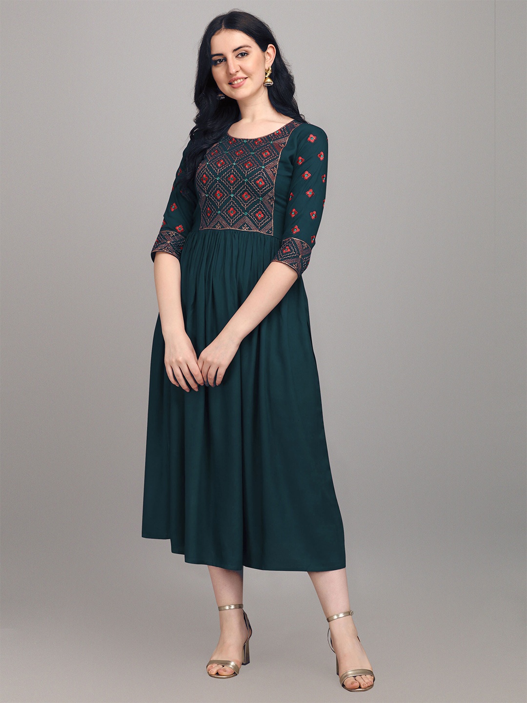 

Shree Ramkrishna Fab Embroidered Fit and Flare Midi Ethnic Dress, Blue
