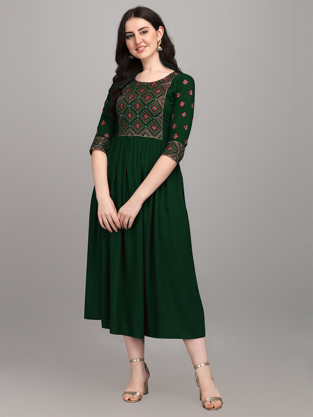 

Shree Ramkrishna Fab Embroidered Fit and Flare Midi Dress, Green