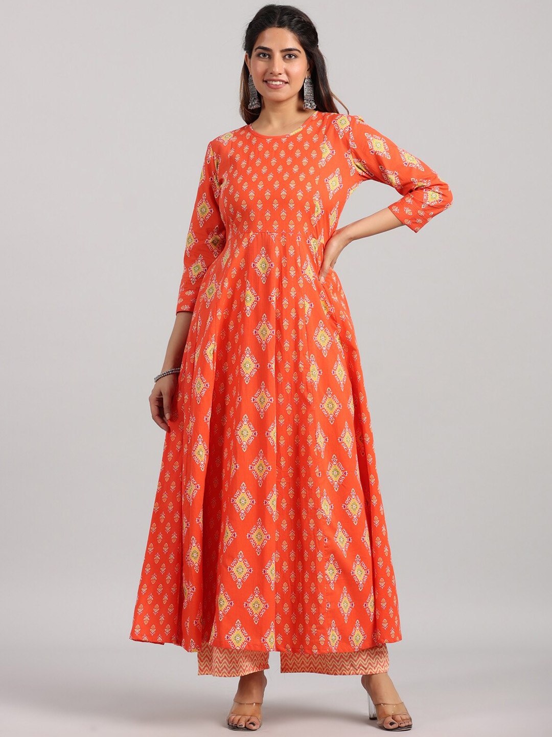 

PARCHHAI Floral Printed Pure Cotton Anarkali Kurta With Palazzos, Orange